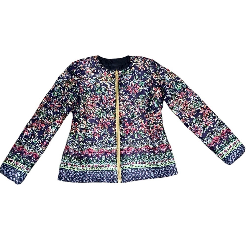 EUC Lilly Pulitzer Reversible Puffer Coat Jacket Gold Not Too Catty Navy Small
